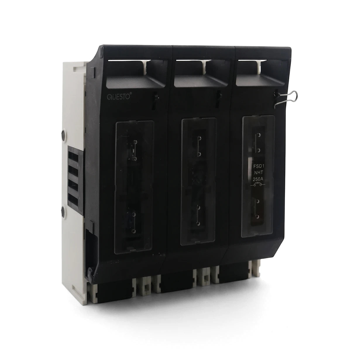 Black and white 3 Pole Fuse Switch Fuse Holder, 250A, shown from a front angled view.