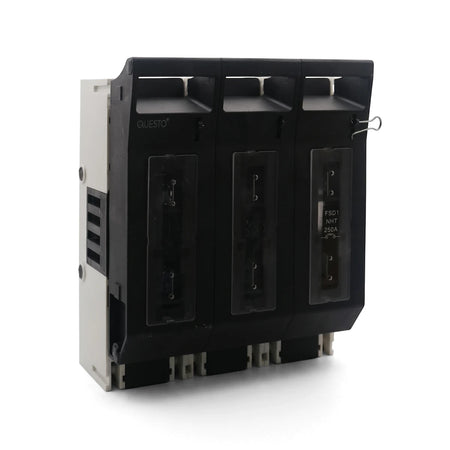 Black and white 3 Pole Fuse Switch Fuse Holder, 250A, shown from a front angled view.