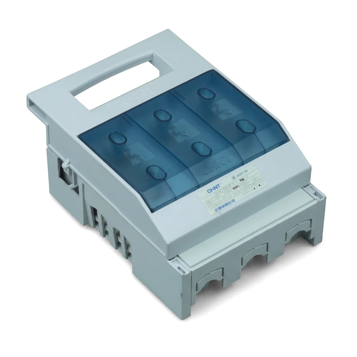 Light grey 3 Pole Fuse Switch Fuse Holder with three blue transparent covers, an electrical component for industrial use.