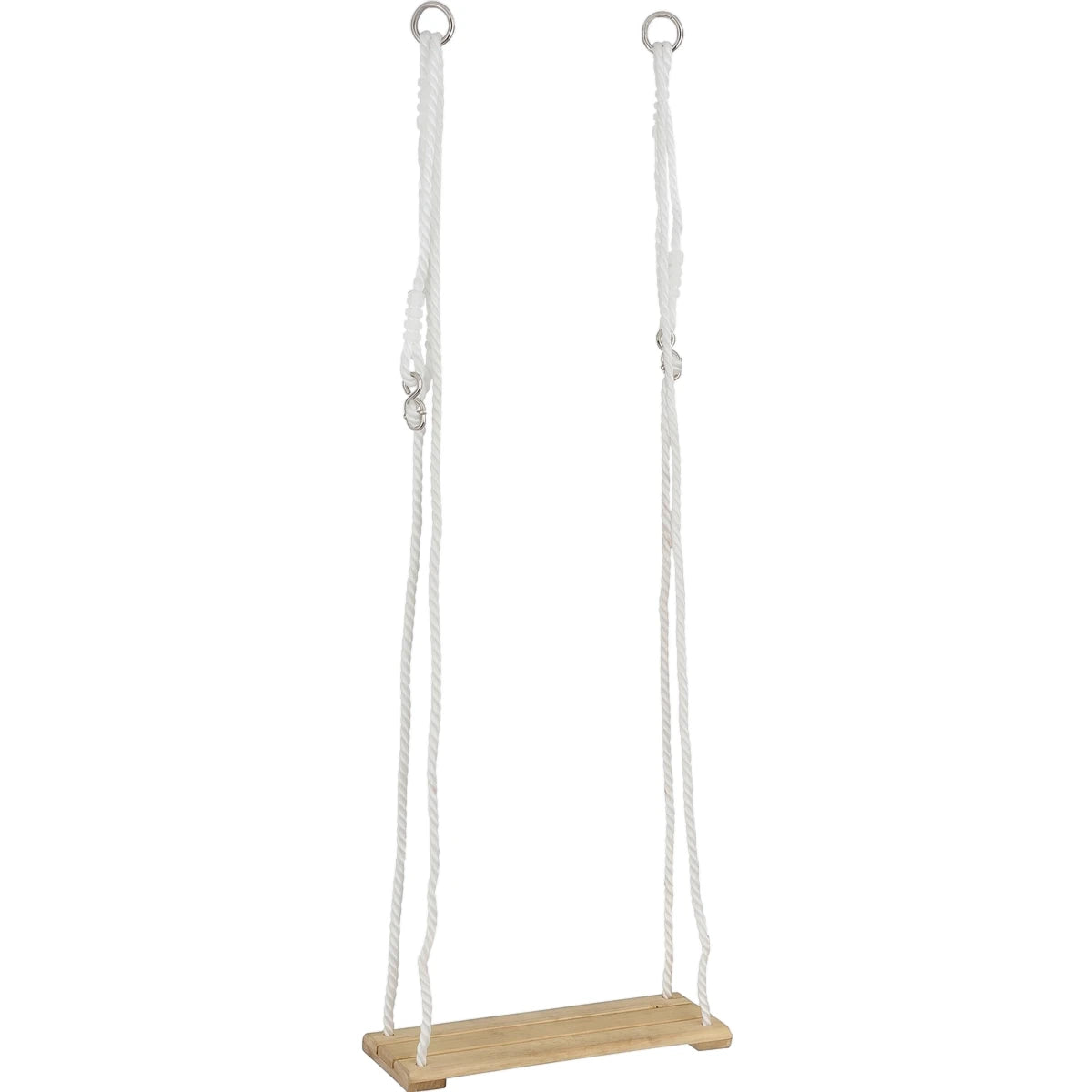 A 3-slat wooden tree swing with a light brown wooden seat and white twisted ropes, featuring metal hanging rings at the top.
