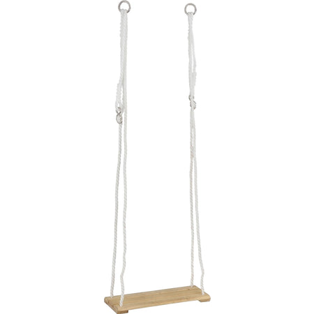 A 3-slat wooden tree swing with a light brown wooden seat and white twisted ropes, featuring metal hanging rings at the top.