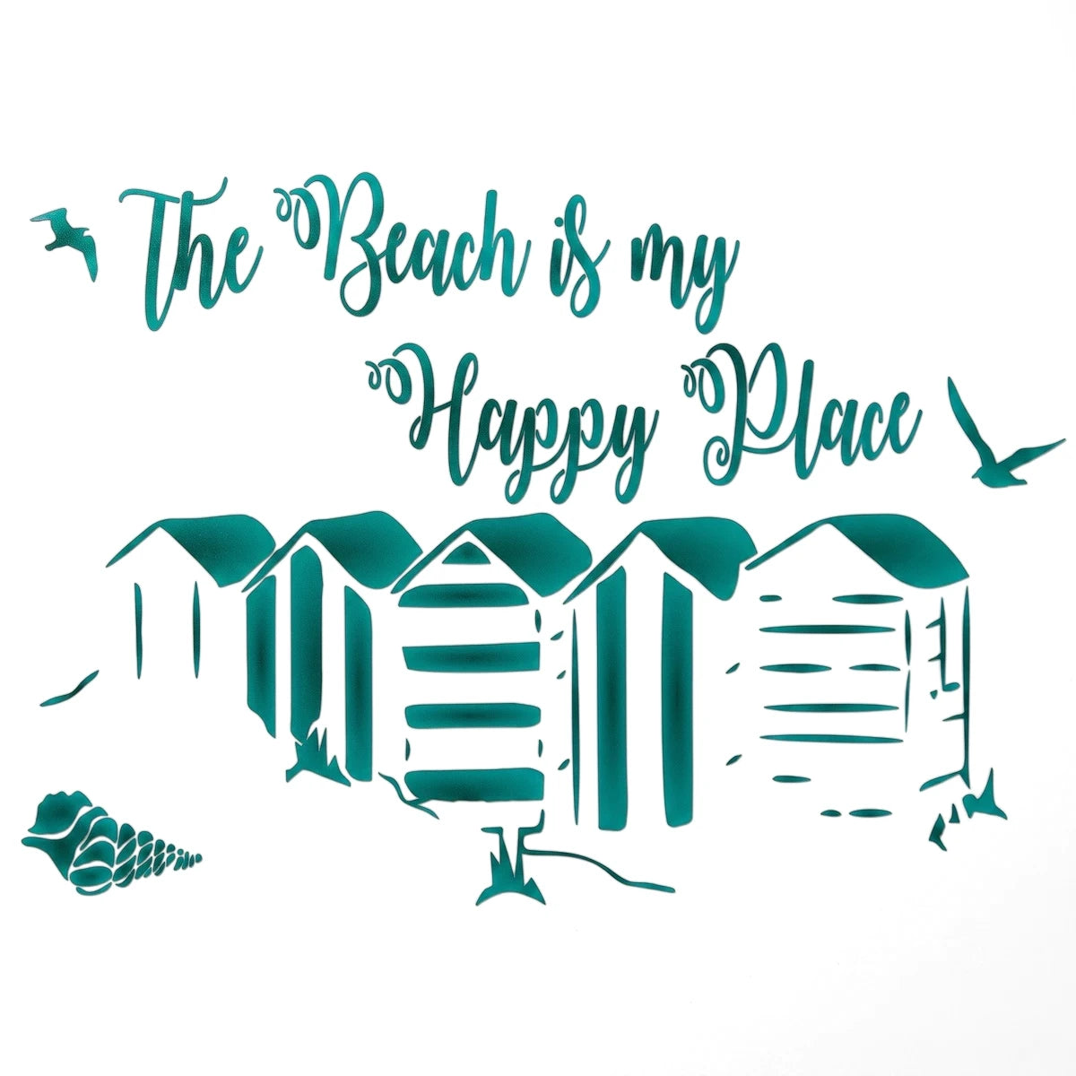 Teal "The Beach is my Happy Place" stencil design with beach huts, seagulls, and a seashell for paint stenciling projects.