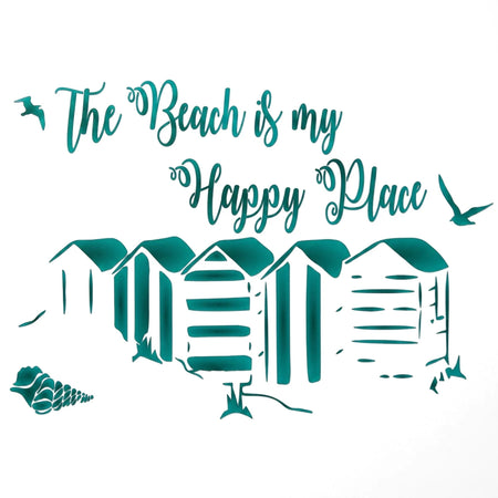 Teal "The Beach is my Happy Place" stencil design with beach huts, seagulls, and a seashell for paint stenciling projects.