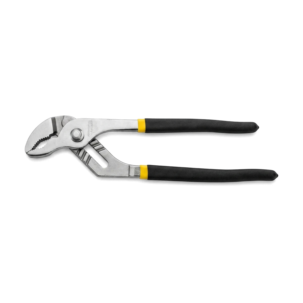 Silver and black 300mm groove joint pliers with yellow accents on the handles, displayed horizontally as a professional hand