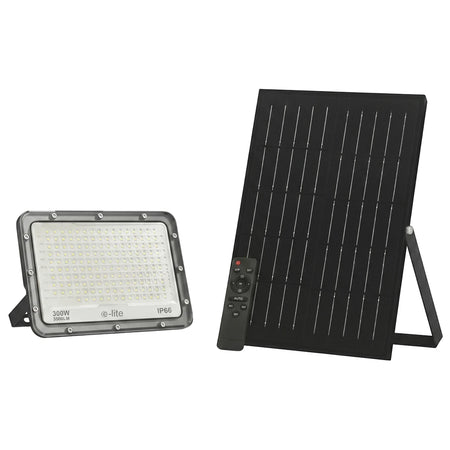 300W grey solar flood light with 3500 lumens cool white output, includes black solar panel and remote control for outdoor