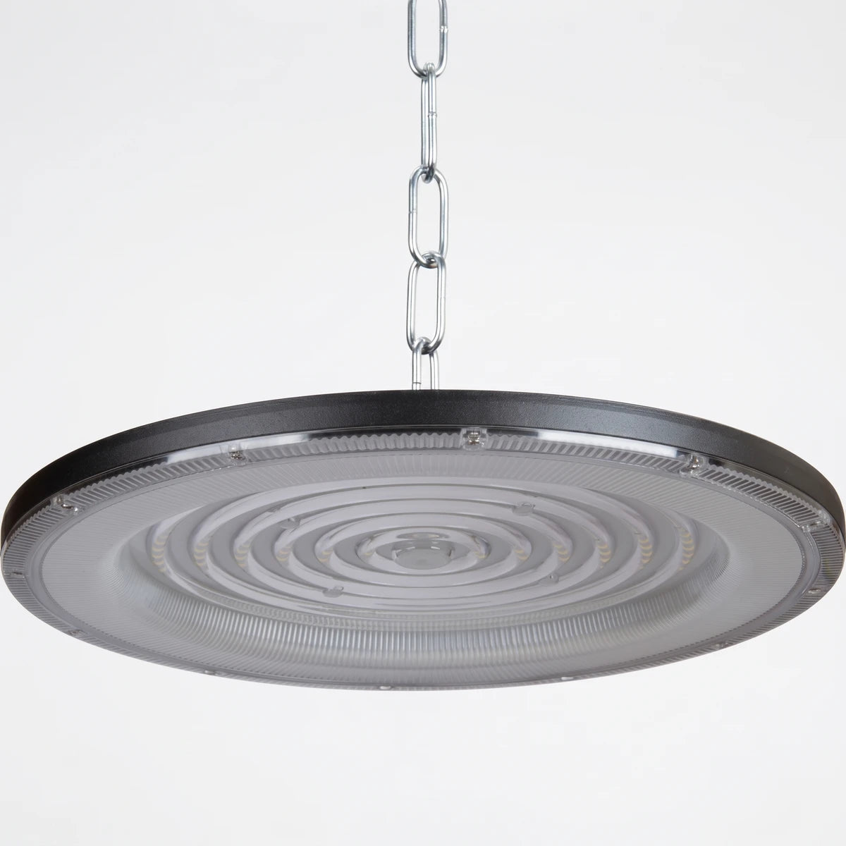 300W LED UFO high bay light fixture, black circular industrial design, with internal LED rings and suspension chain.