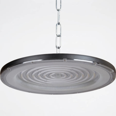 300W LED UFO high bay light fixture, black circular industrial design, with internal LED rings and suspension chain.