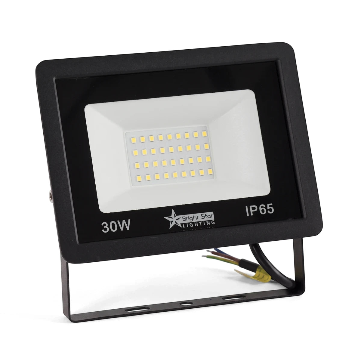 Black 30W LED die-cast aluminium flood light with a toughened glass lens and an IP65 rating.