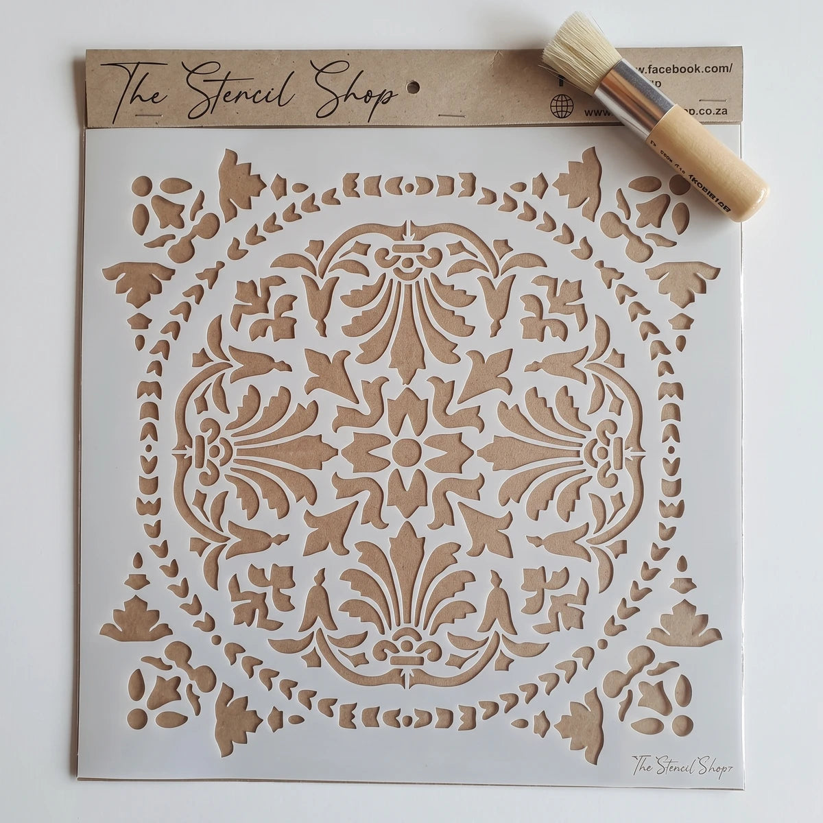 30x30-1 Stencil 90 Paint Stencils, a white square stencil with intricate floral and geometric patterns, accompanied by a
