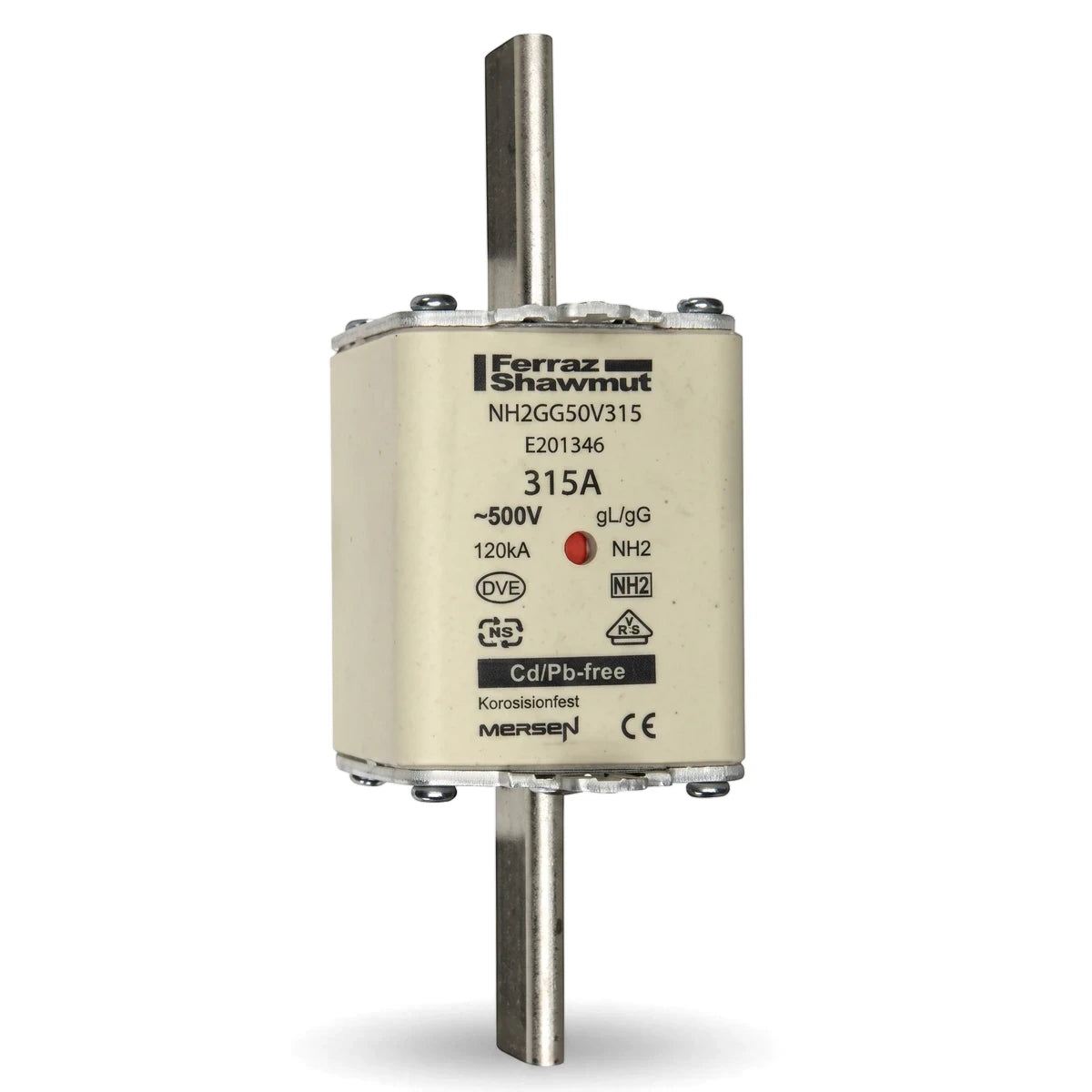 315A General Protection Fuse with double indicators, featuring a beige rectangular body and prominent metal terminals.