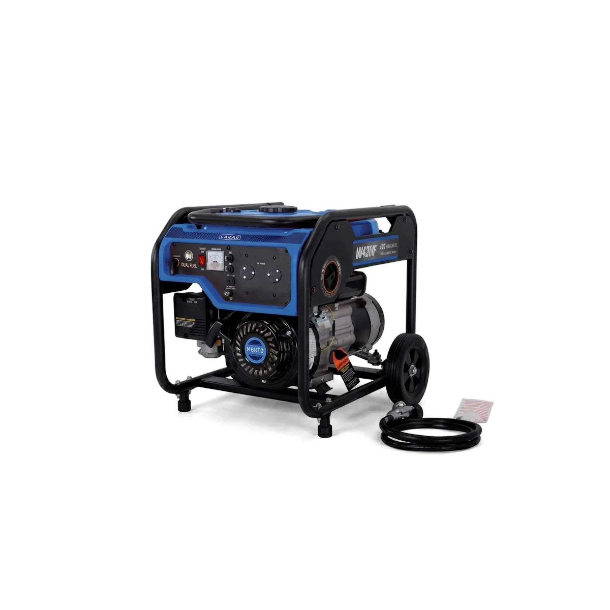 Blue and black 3200W Dual Fuel Generator, portable with wheels and a control panel, shown from an angled view.