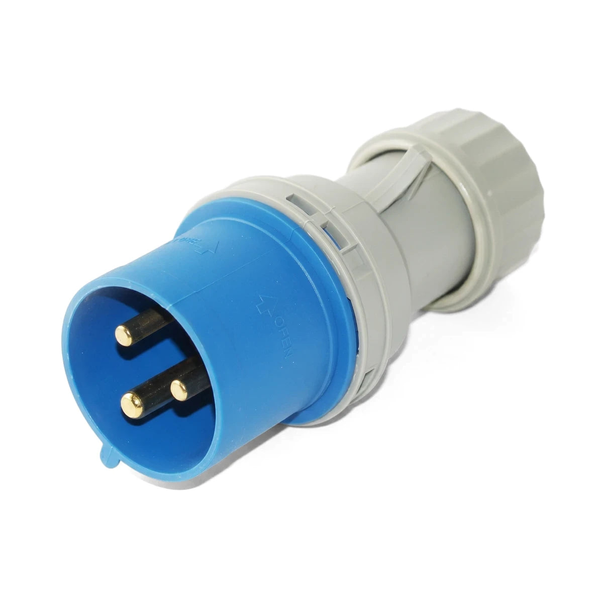 32A 2P+E 230V Ip44 Plug Top with blue and grey housing and three gold-colored pins, shown from an angle.