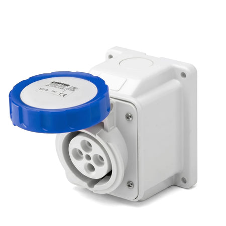 32A 2P+E 230V IP67 unswitched socket, white with blue protective cap, angled view on a white background.