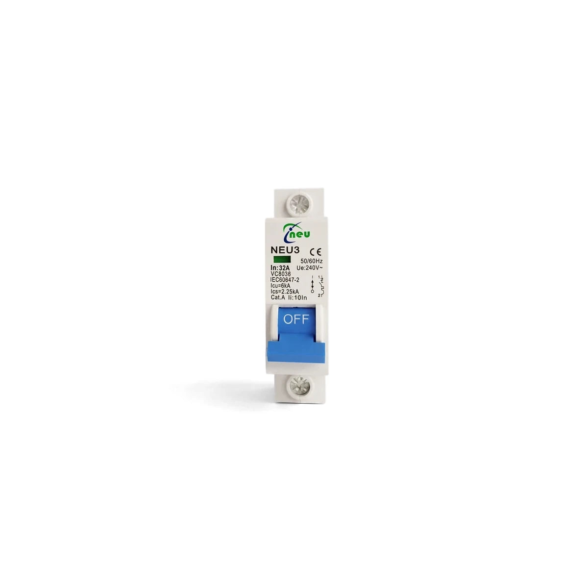 A white 32A 3P Din Rail Circuit Breaker with a blue 'OFF' switch, designed for electrical protection.