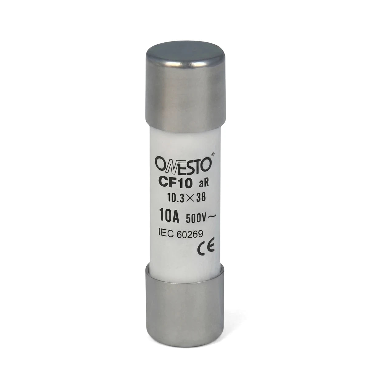 White cylindrical 32Amp 1000Vdc fuse with silver metal end caps for electrical circuit protection, standing upright.
