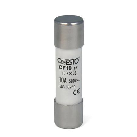 White cylindrical 32Amp 1000Vdc fuse with silver metal end caps for electrical circuit protection, standing upright.