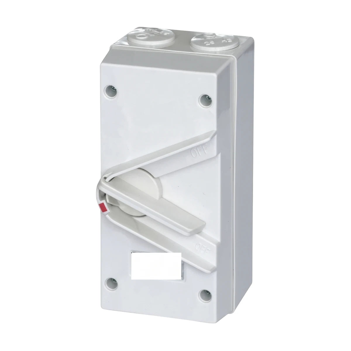 White 35A 2P IP66 Mini electrical isolator switch with a lever handle and screw holes for secure mounting.