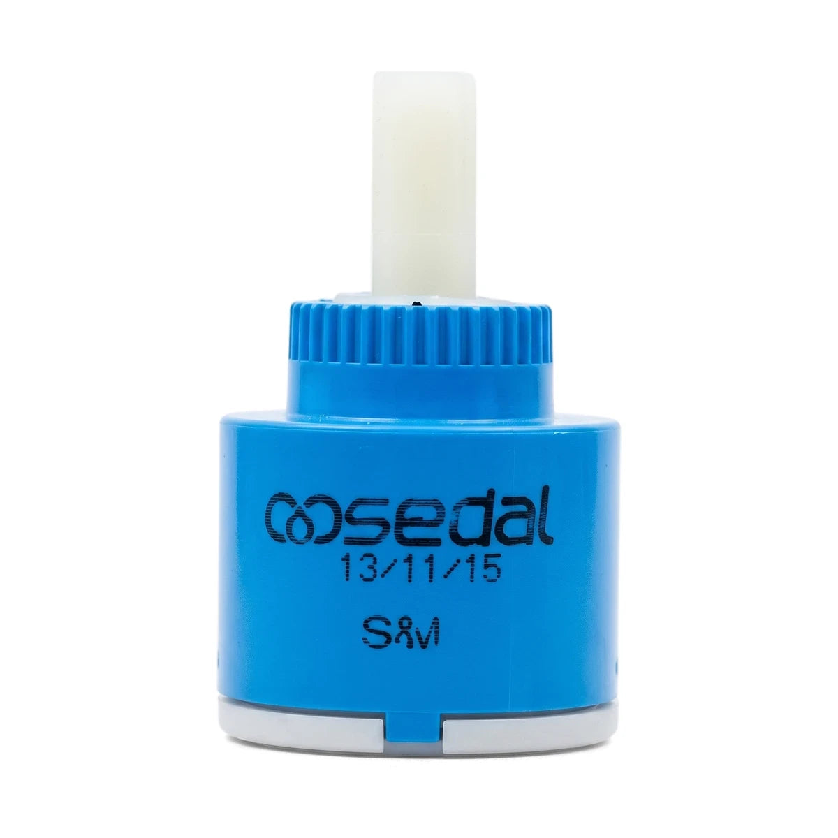 Blue and white 35mm replacement cartridge, a plastic plumbing component for faucets or mixers, shown upright.