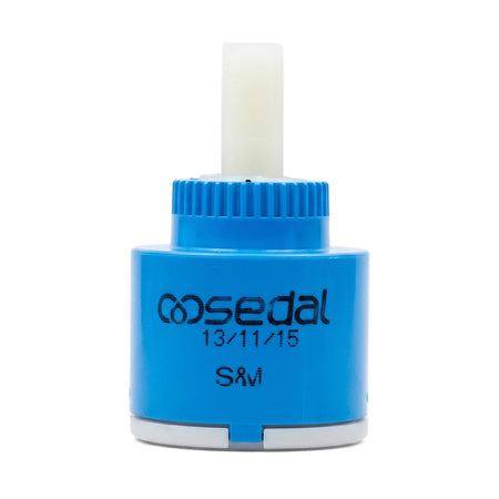 Blue and white 35mm replacement cartridge, a plastic plumbing component for faucets or mixers, shown upright.
