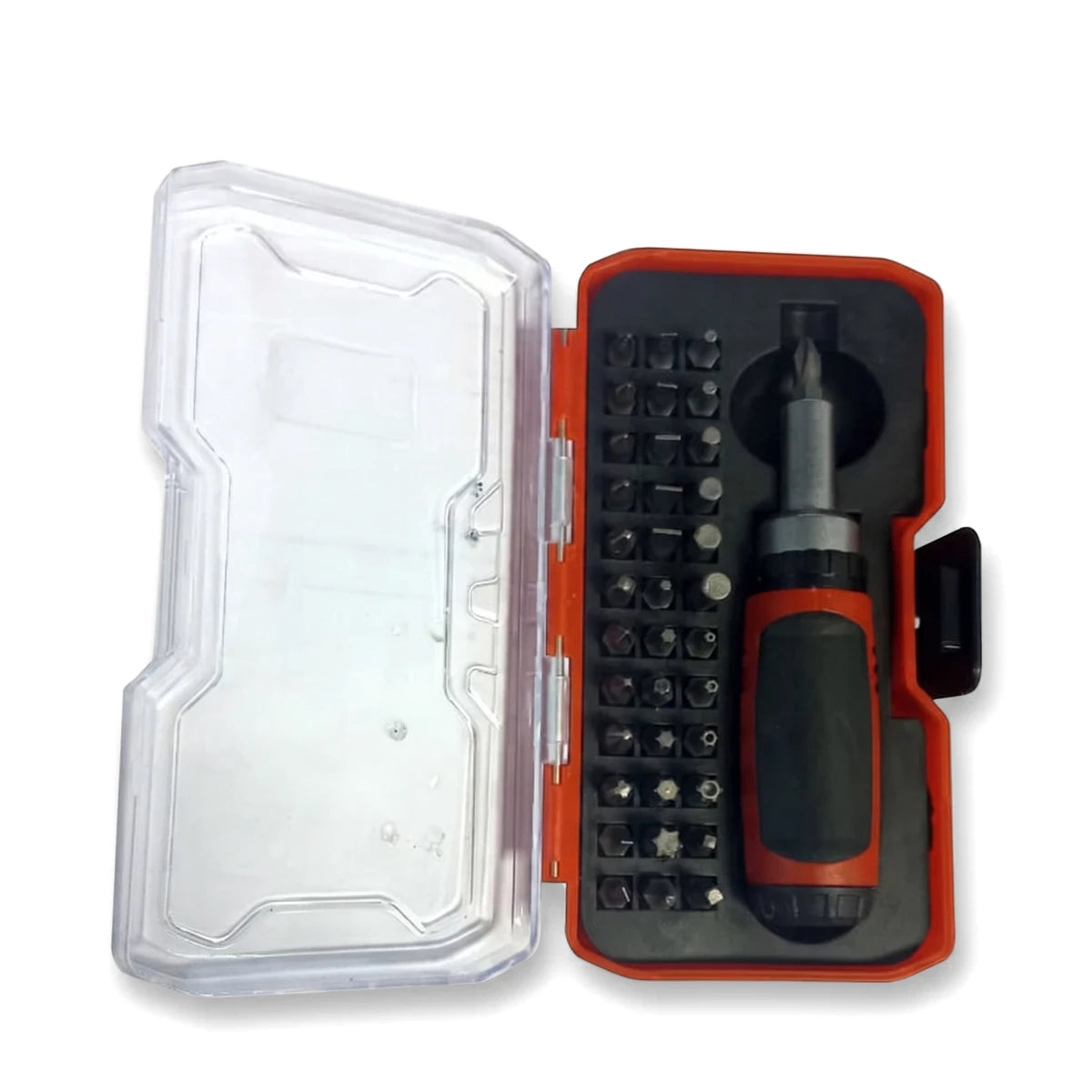 Open 38-piece ratchet screwdriver set in a red and black case with a clear lid, featuring various bits.