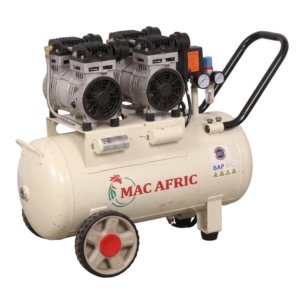 Beige 3Hp 50 litre portable air compressor with two wheels and a black handle, photographed in a studio setting.