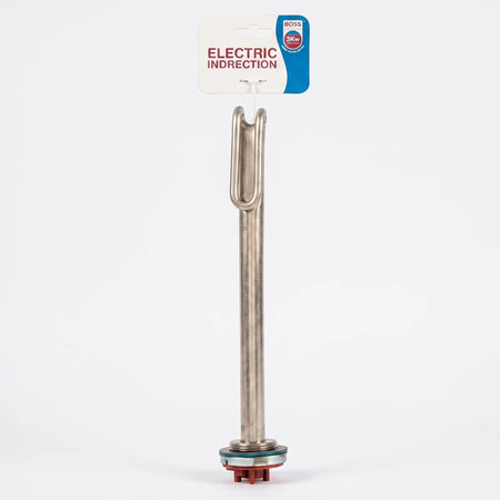 3Kw Boss hard water element geyser heating element, a long metallic cylinder shown vertically with a white and blue label.