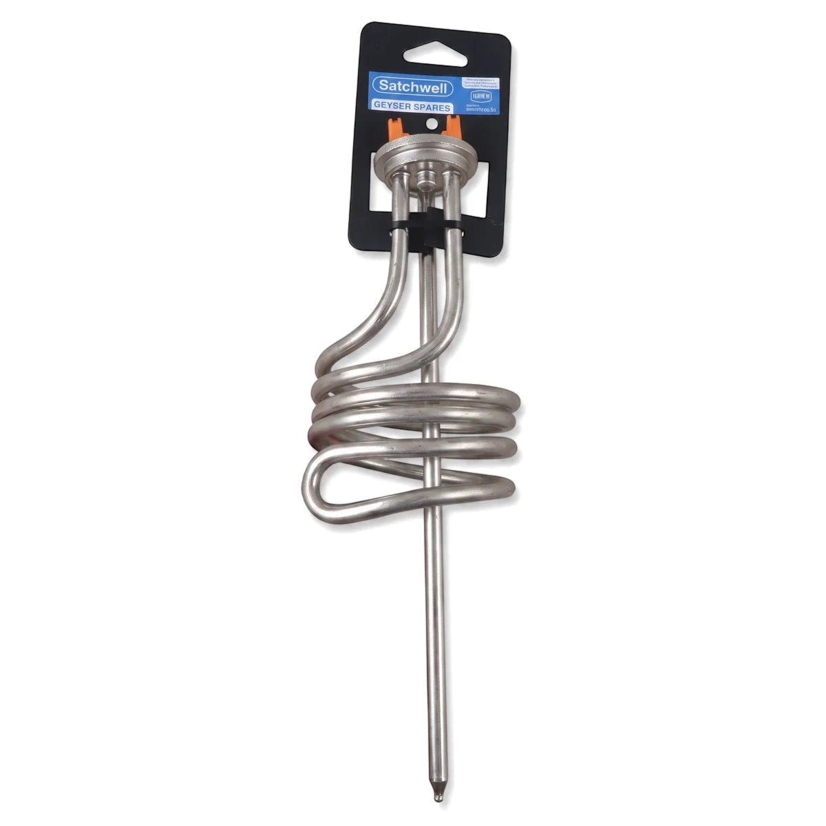 3Kw Spiral Hard Water Element Geyser Element, silver metallic and coiled, displayed upright with its packaging.