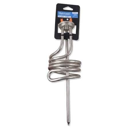 3Kw Spiral Hard Water Element Geyser Element, silver metallic and coiled, displayed upright with its packaging.