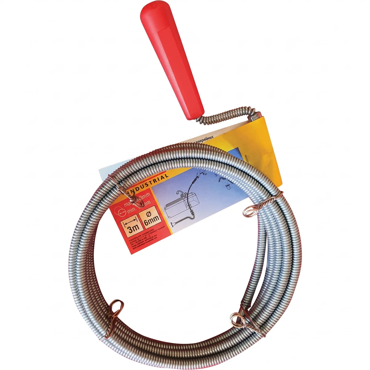 3m spiral drain cleaner with a red handle and coiled metal cable, used for clearing plumbing clogs.