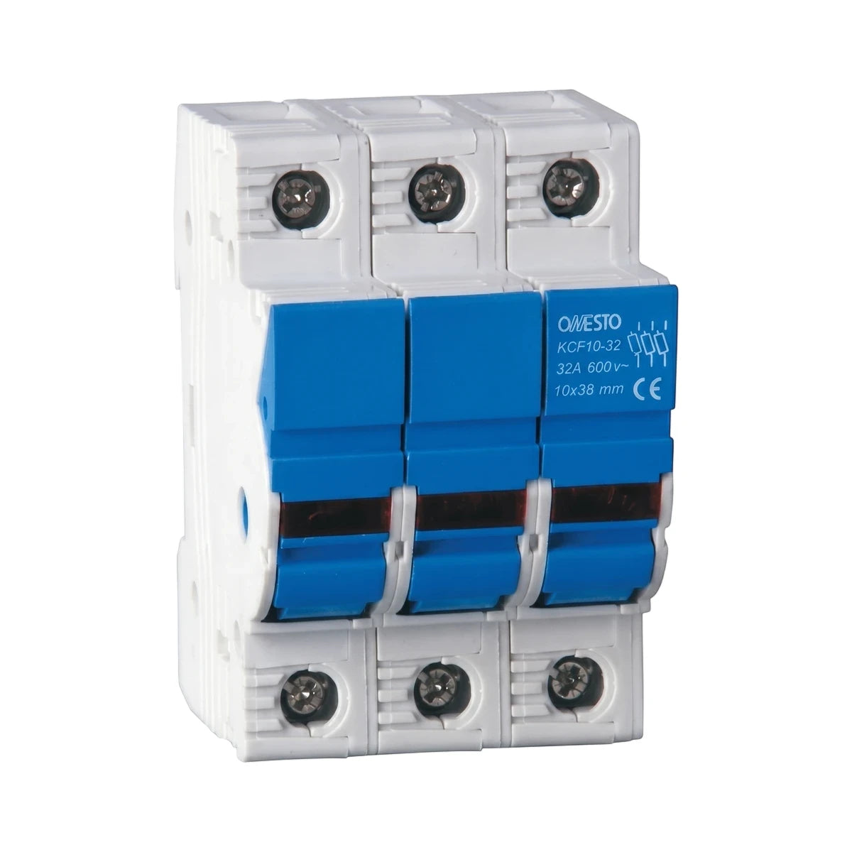 Three-pole 1000Vdc fuse holder, white and blue modular electrical component, shown from an angle.