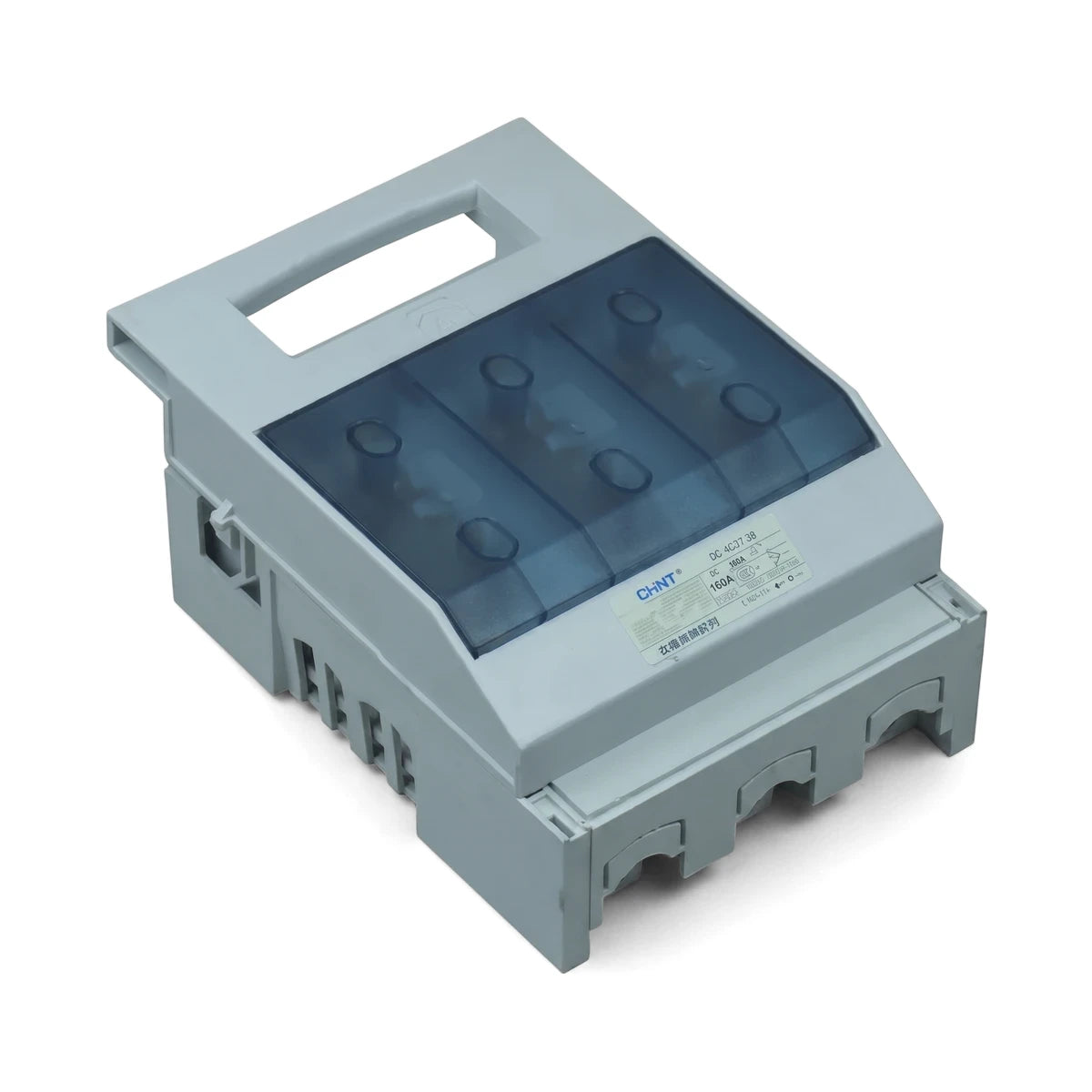 Gray 3P 160A DC fuse disconnector, viewed from an angled top perspective, featuring a transparent blue cover.