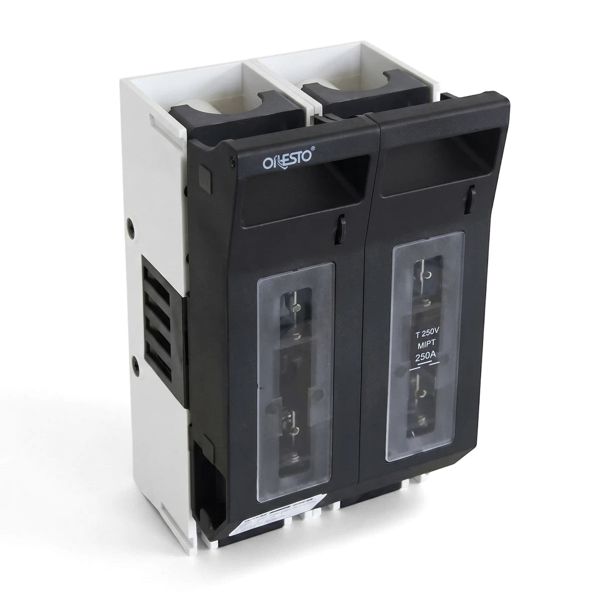 A black and white 3P 250A DC Fuse Disconnector, showing its front and left side with clear inspection windows and the