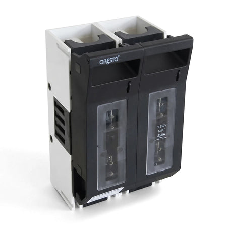 A black and white 3P 250A DC Fuse Disconnector, showing its front and left side with clear inspection windows and the