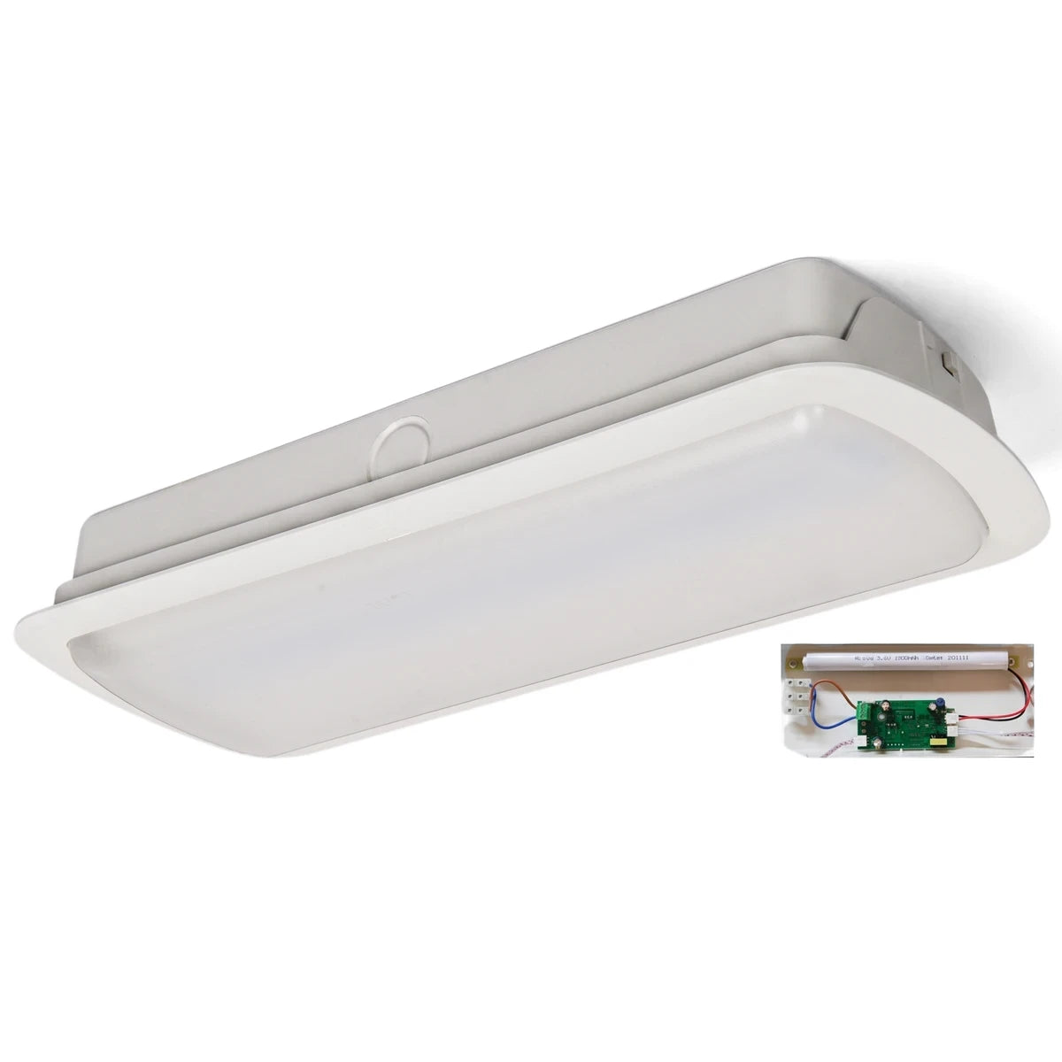 A rectangular gray 3W Emergency Ceiling Light with a white diffuser, shown from an angle, accompanied by its visible