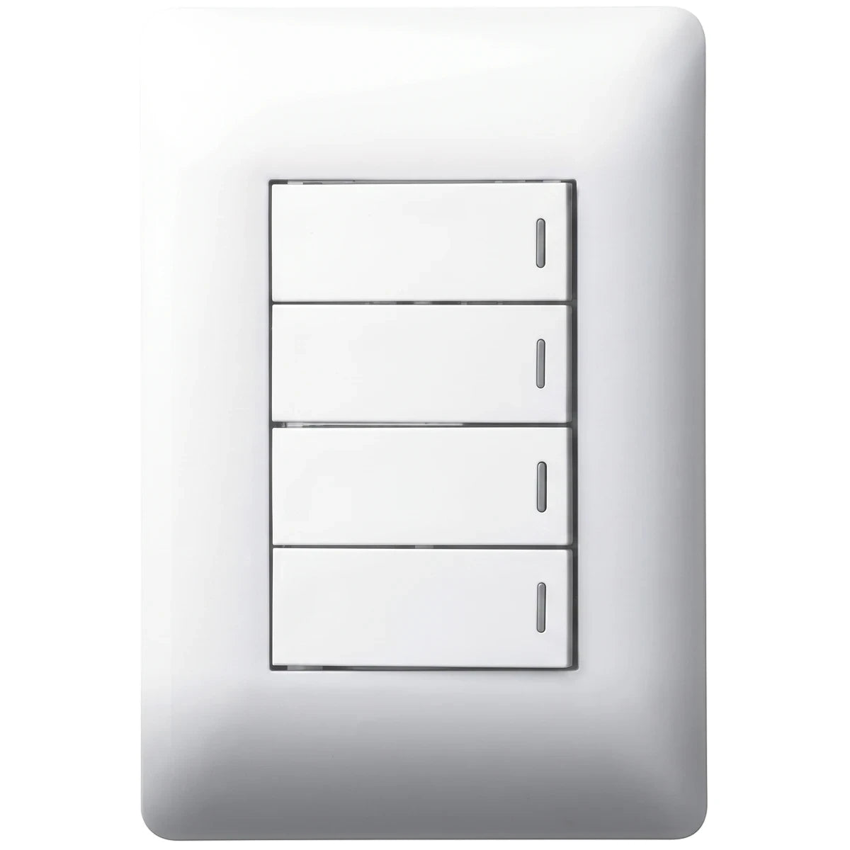 4 Lever One Way Switch with four white rocker levers on a square wall plate, front view for indoor lighting control.