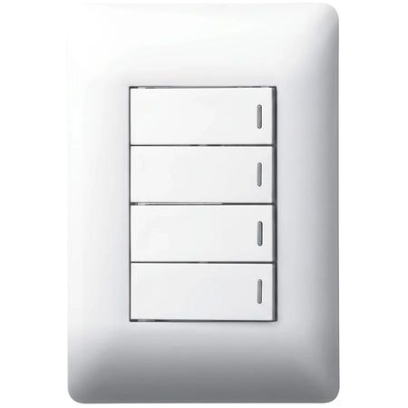 4 Lever One Way Switch with four white rocker levers on a square wall plate, front view for indoor lighting control.