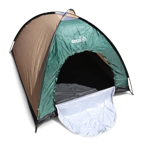 A brown and green 4 Man Rio Auto Camping Tent with a dome shape and an open entrance, viewed from an angle.
