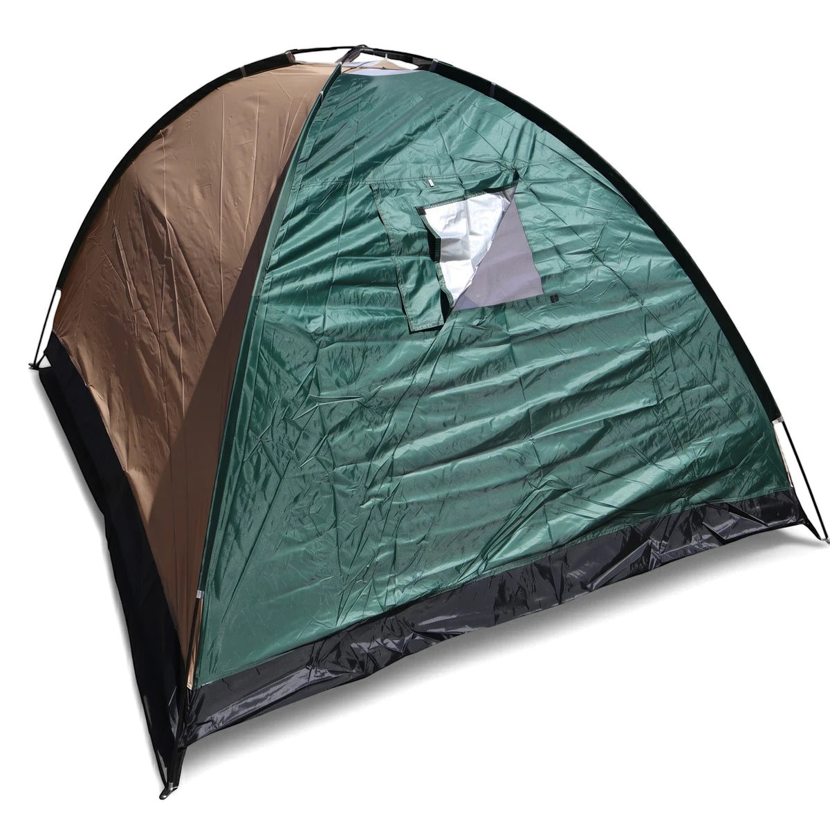 Four-man Rio Auto camping tent in green and brown with a small window, angled for a product shot.