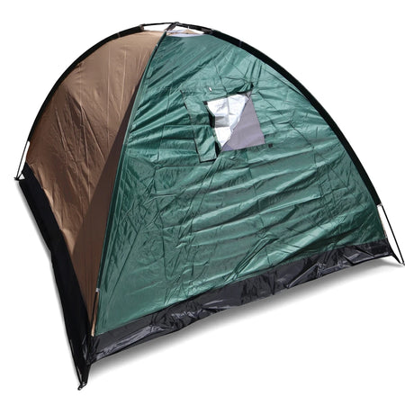Four-man Rio Auto camping tent in green and brown with a small window, angled for a product shot.