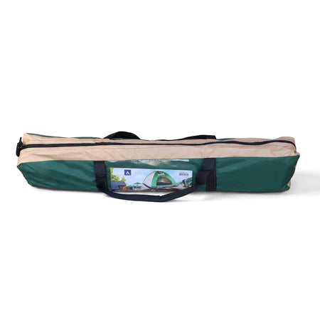 Green and beige 4 Man Rio Auto Camping Tent in its rolled storage bag, with black handles and zipper, presented horizontally.