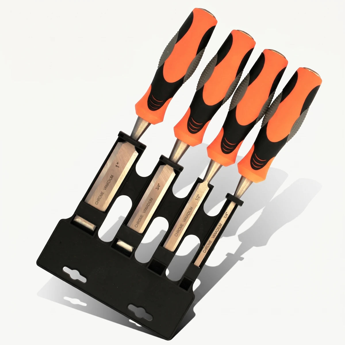 Four-piece bevel wood chisel set with orange and black handles and chrome vanadium blades in a black holder.
