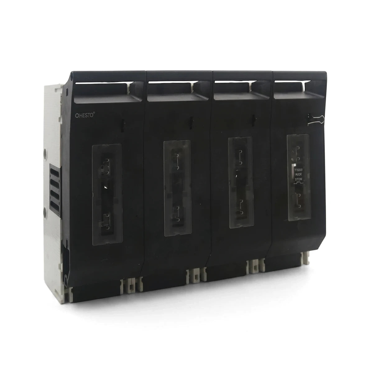 Black and white 4 Pole Fuse Switch Fuse Holder for industrial electrical applications, shown from a slightly angled view.