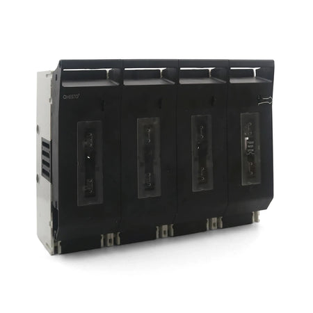 Black and white 4 Pole Fuse Switch Fuse Holder for industrial electrical applications, shown from a slightly angled view.