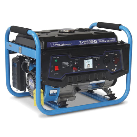 A 4-Stroke Air-Cooled Petrol Generator with a blue protective frame and black engine, featuring a control panel with gauges.