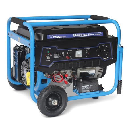 Blue and black 4-Stroke Air-Cooled Petrol Generator, 5.5Kw, with wheels and control panel, shown from an angled front view.