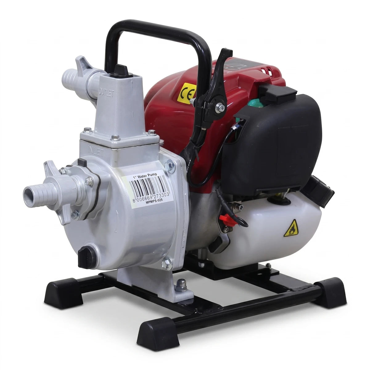 Red and grey 4-Stroke Petrol Water Pump (1-inch/25mm) with a black handle, front-right view.