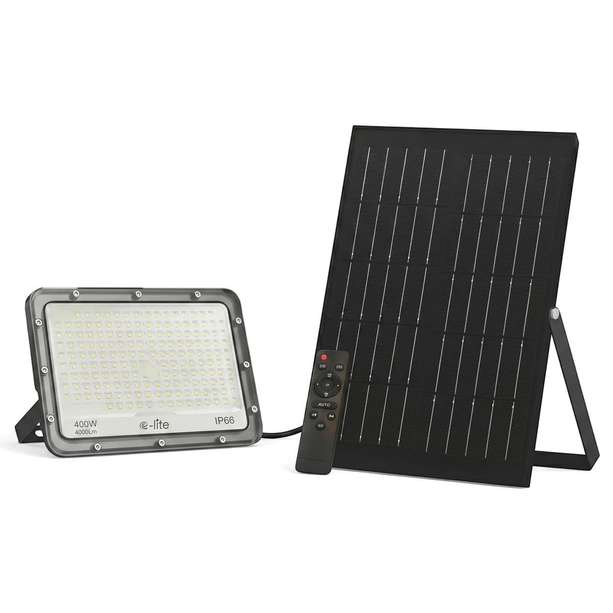 A grey 400W solar flood light with a separate black solar panel and remote control, providing cool white illumination.