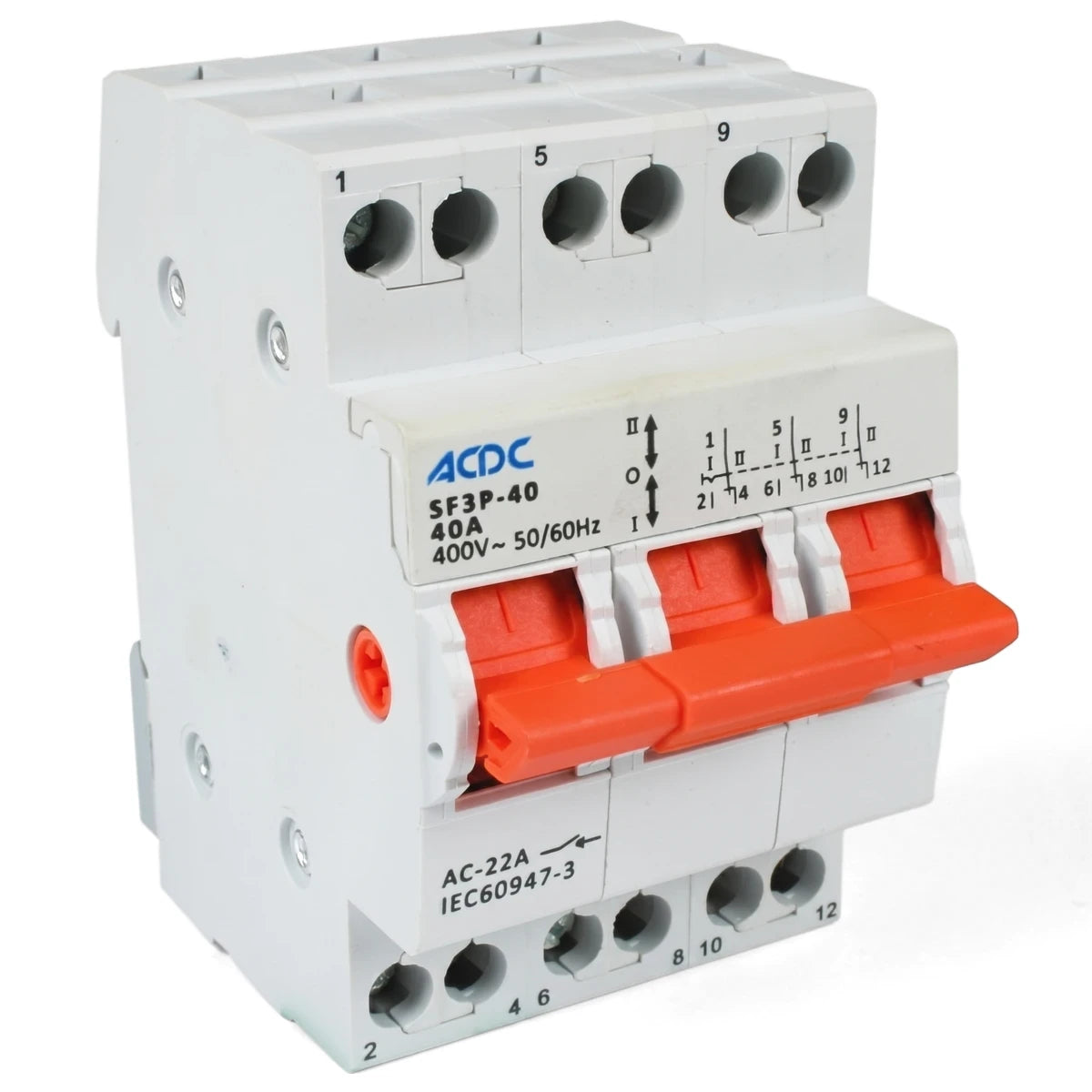 White 40A 3-pole DIN changeover switch with red handles for electrical circuit control, shown from a front-right angle.