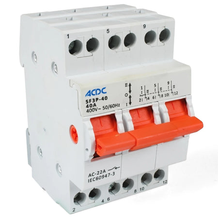 White 40A 3-pole DIN changeover switch with red handles for electrical circuit control, shown from a front-right angle.