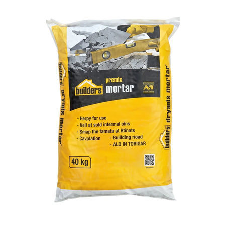 40kg bag of premix building mortar in yellow and white packaging, commonly used for construction and masonry.
